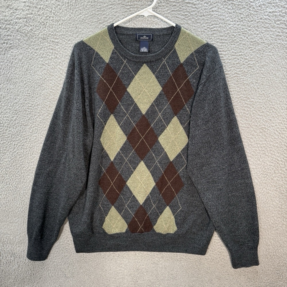 Dockers Sweater Adult Large‎ Gray Argyle Geometric Crewneck Grandpa Old Money